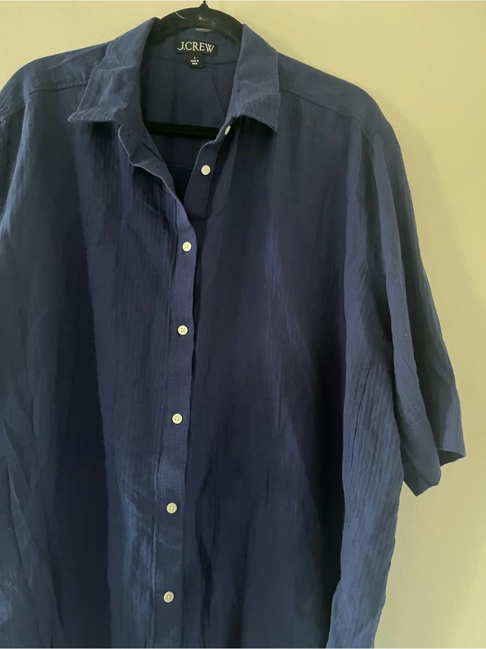 J Crew 100% Gauze Cotton Navy Blue Short Sleeve Button Up Shirt Large Coastal